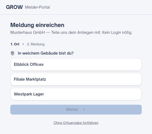 Melder-Portal auf dem Telefon: Meldung einreichen ohne Login, im ersten Schritt die Auswahl des Standorts
